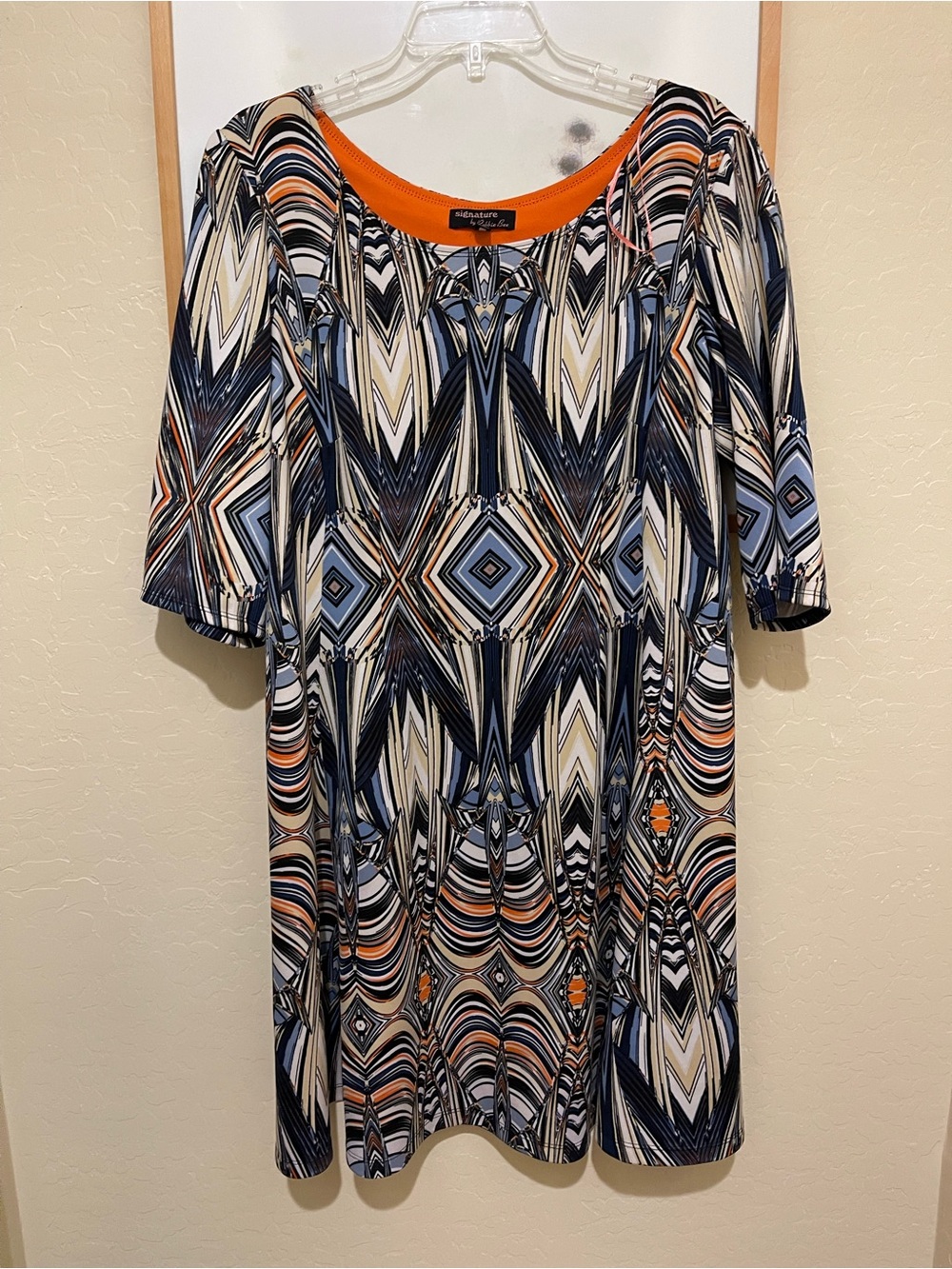 Robbie Bee XL Blue Tan Orange Geo Kaleidoscope Hippie Chic Mod Dress 60’s 70’s